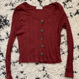 Deep red ribbed button up long sleeve crop top